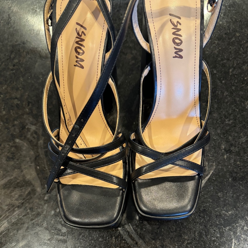 ISNOM 7.5 womens square toe black sandal heels block heels new ankle strap 4’